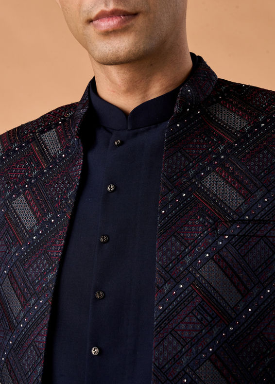 Manyavar Men Regal Blue Brocade Indo Western Set