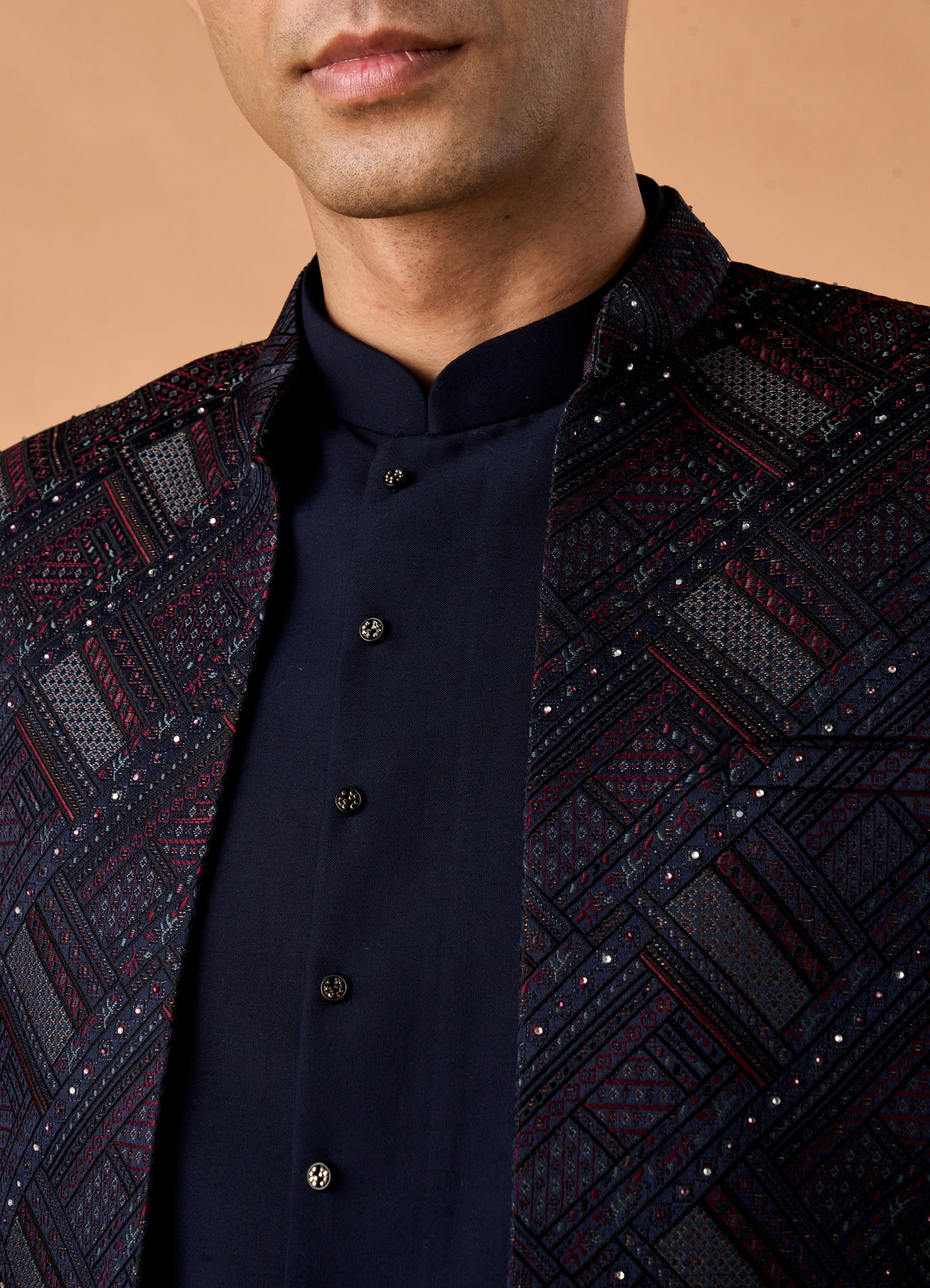 Manyavar Men Regal Blue Brocade Indo Western Set