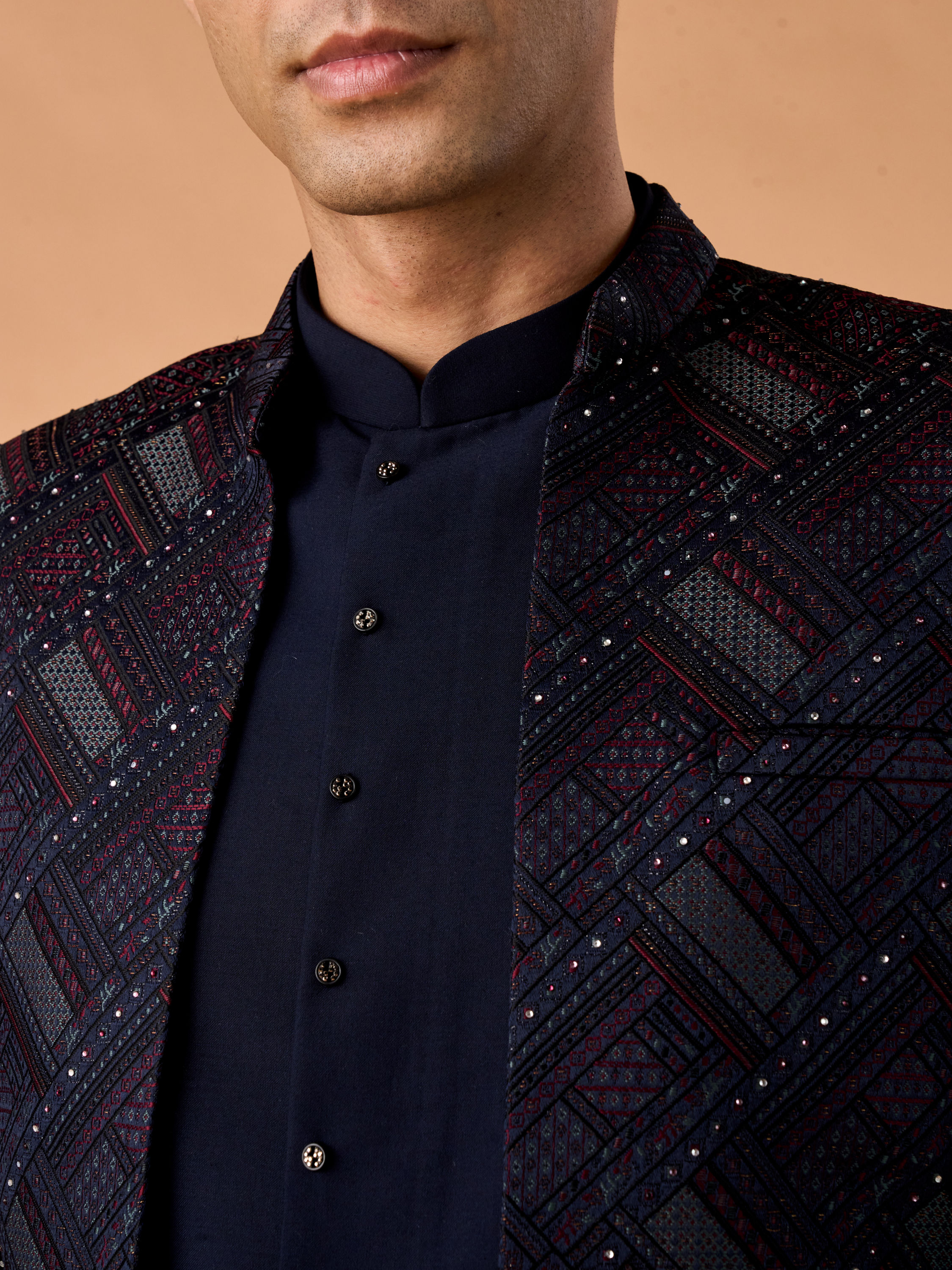 Manyavar Men Regal Blue Brocade Indo Western Set