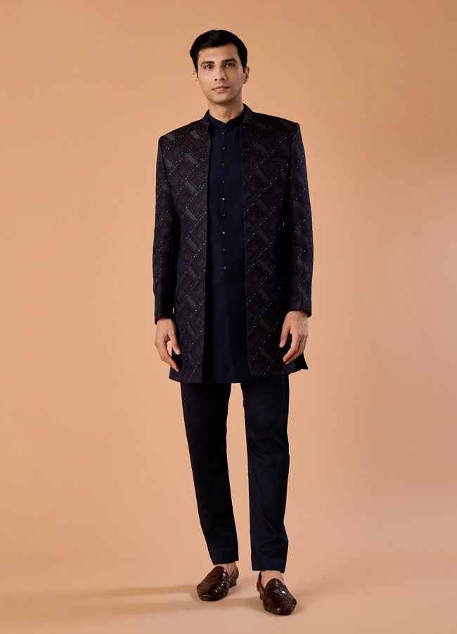 Manyavar Men Regal Blue Brocade Indo Western Set