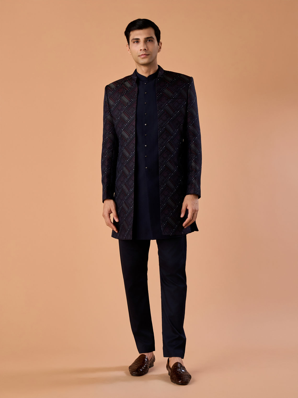 Manyavar Men Regal Blue Brocade Indo Western Set