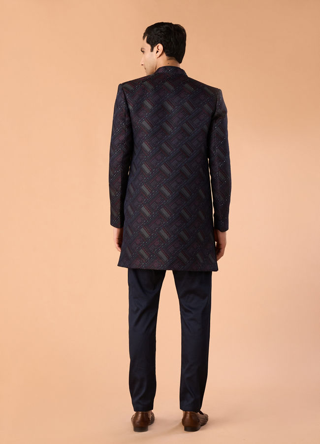 Manyavar Men Regal Blue Brocade Indo Western Set