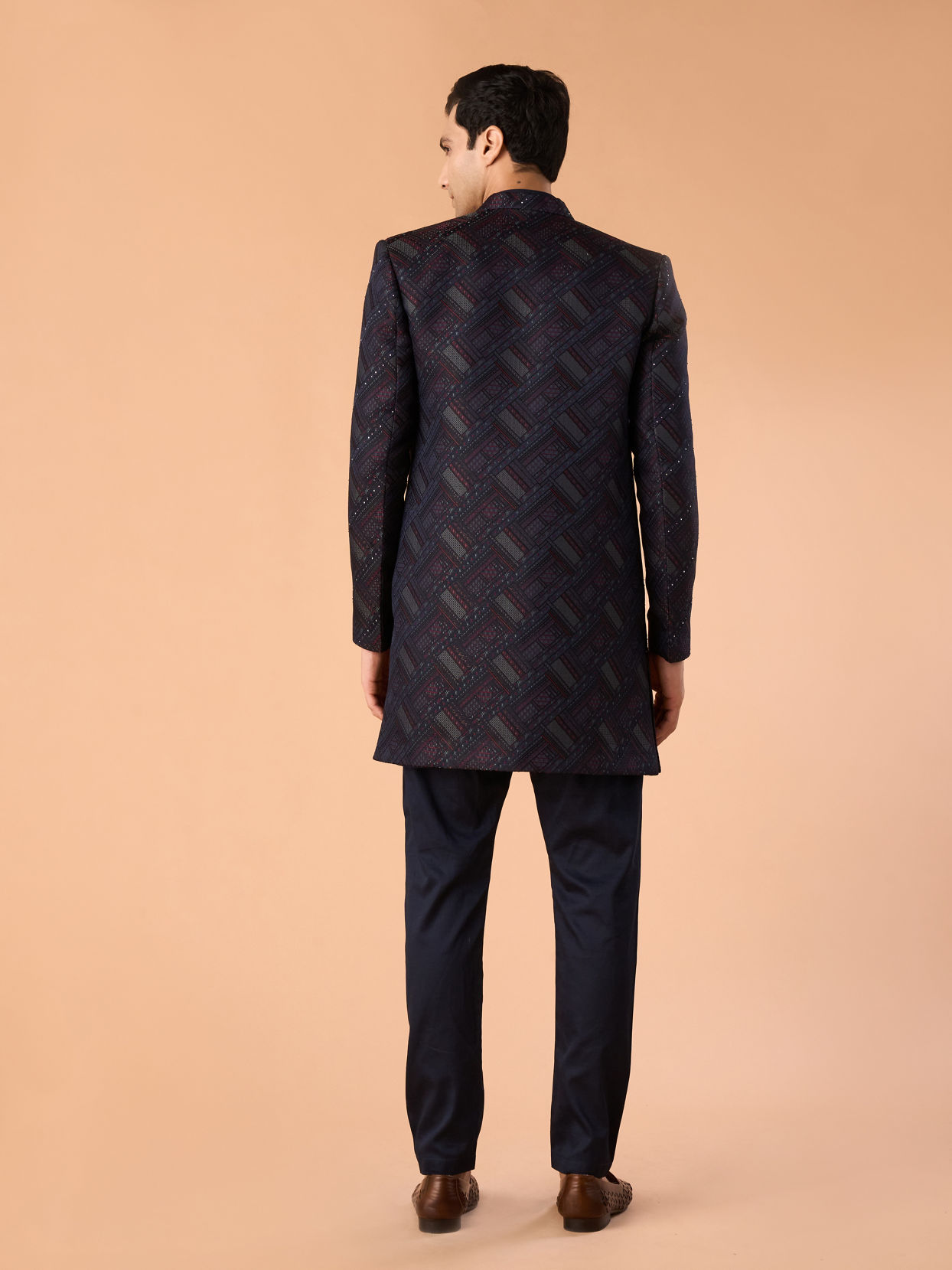 Manyavar Men Regal Blue Brocade Indo Western Set