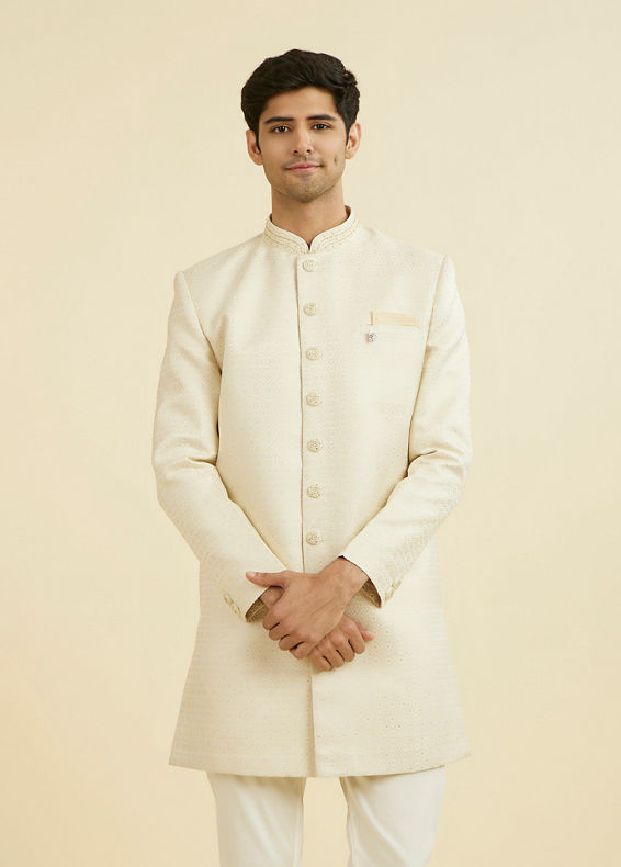 Manyavar Men Beige Brocade Elegance Indo Western