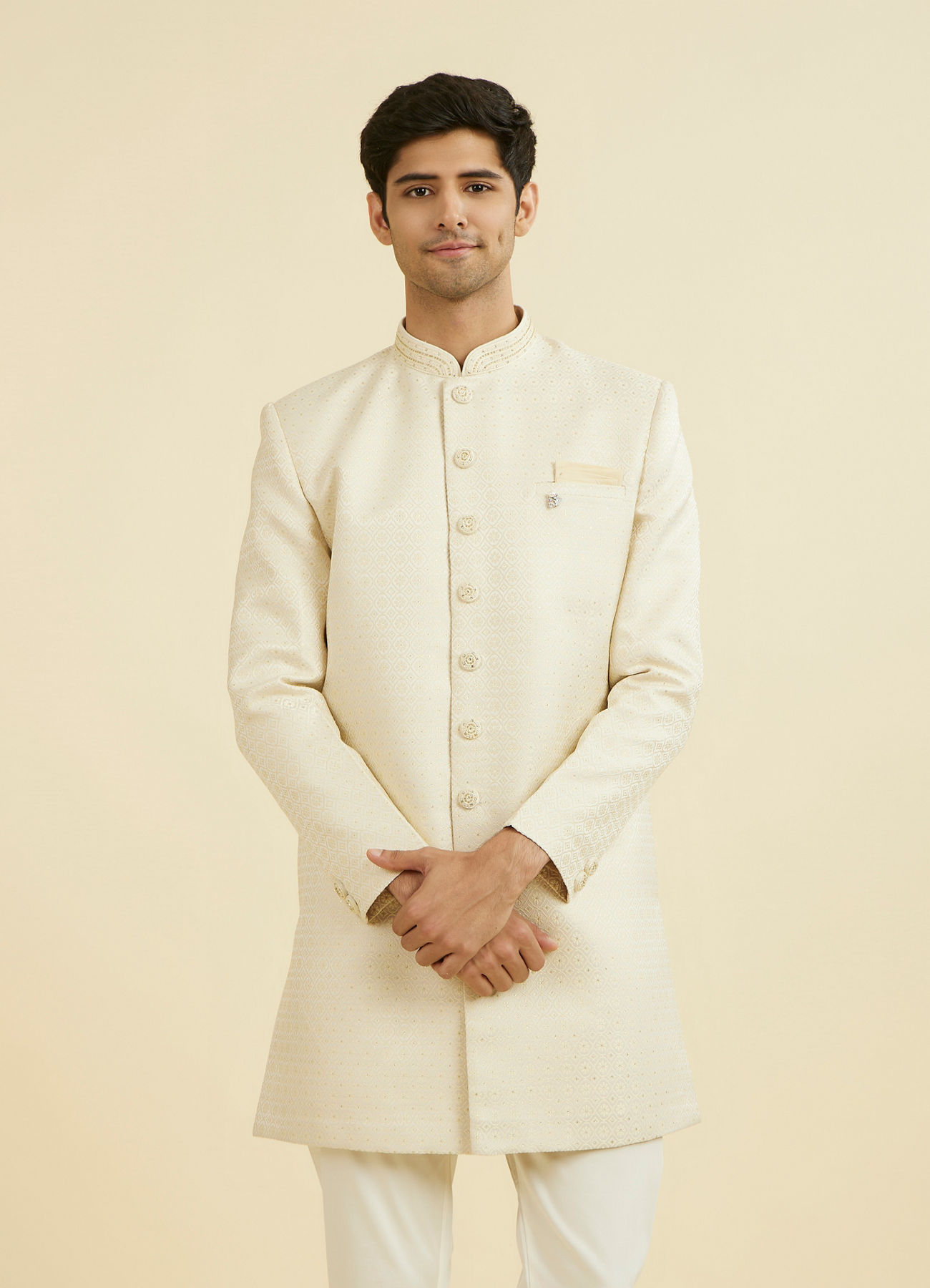 Manyavar Men Beige Brocade Elegance Indo Western