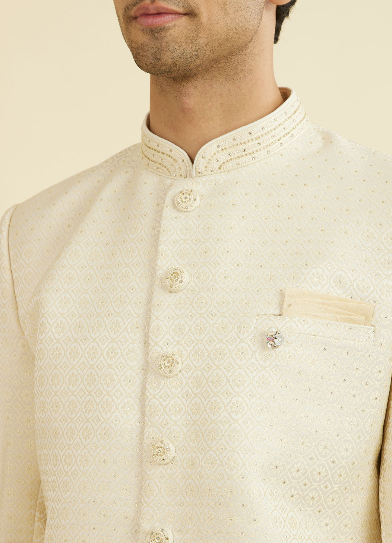 Manyavar Men Beige Brocade Elegance Indo Western