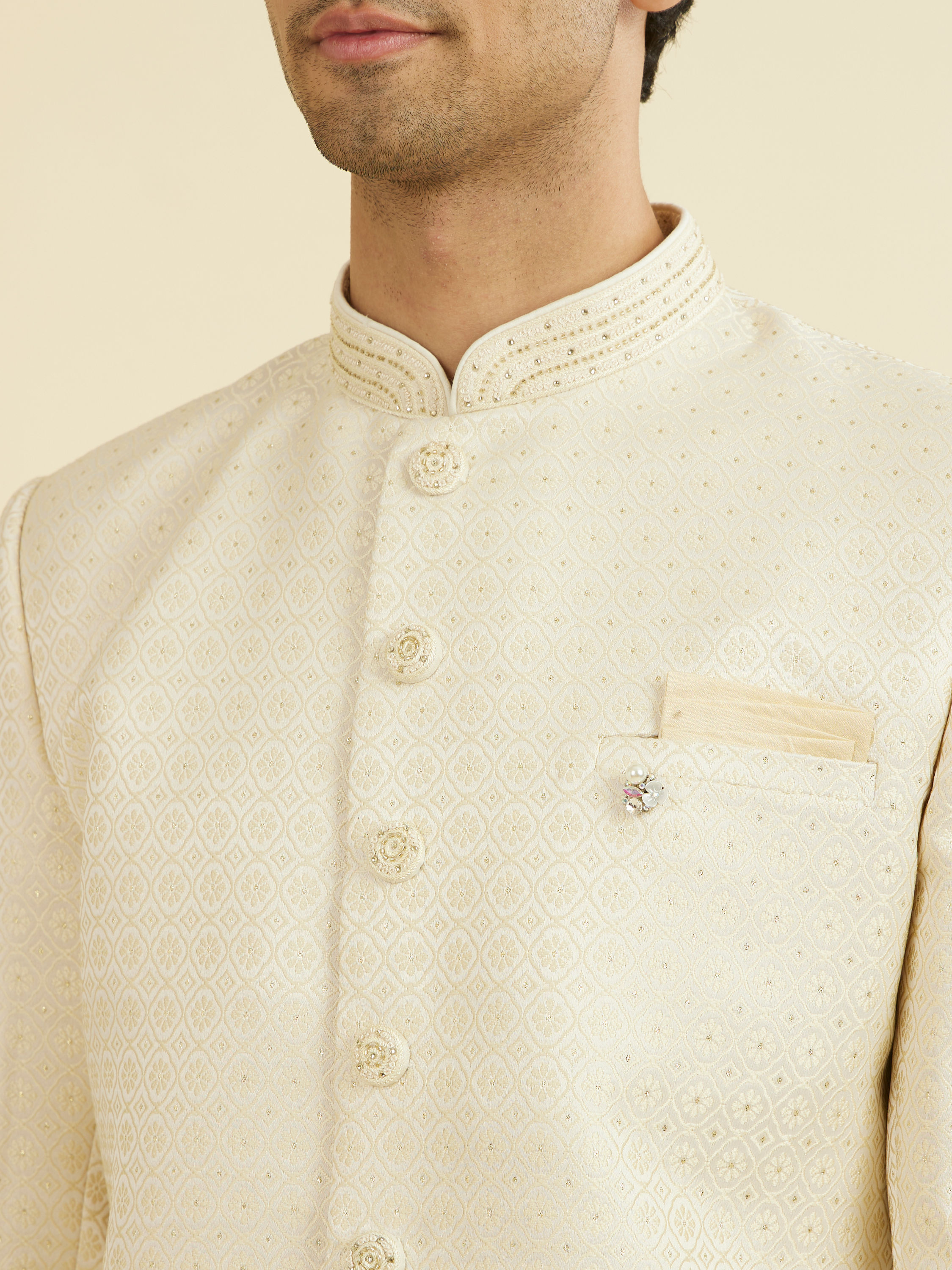 Manyavar Men Beige Brocade Elegance Indo Western