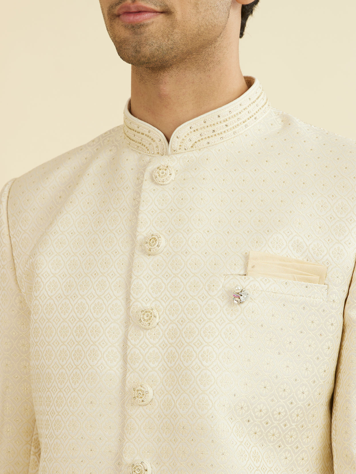 Manyavar Men Beige Brocade Elegance Indo Western