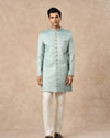 Manyavar Men Light Blue Brocade Indo Western with Pocket Pin