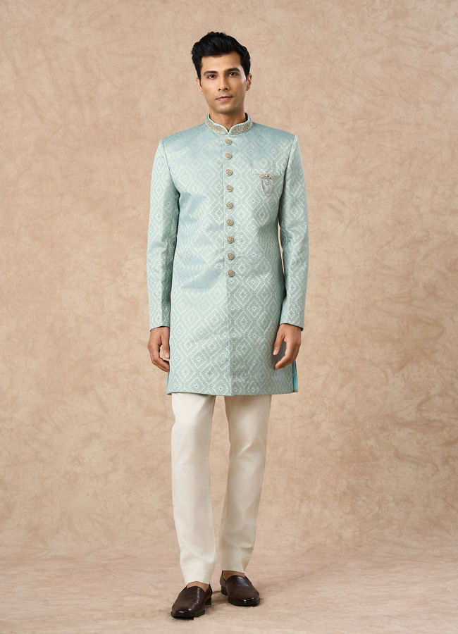 Manyavar Men Light Blue Brocade Indo Western with Pocket Pin