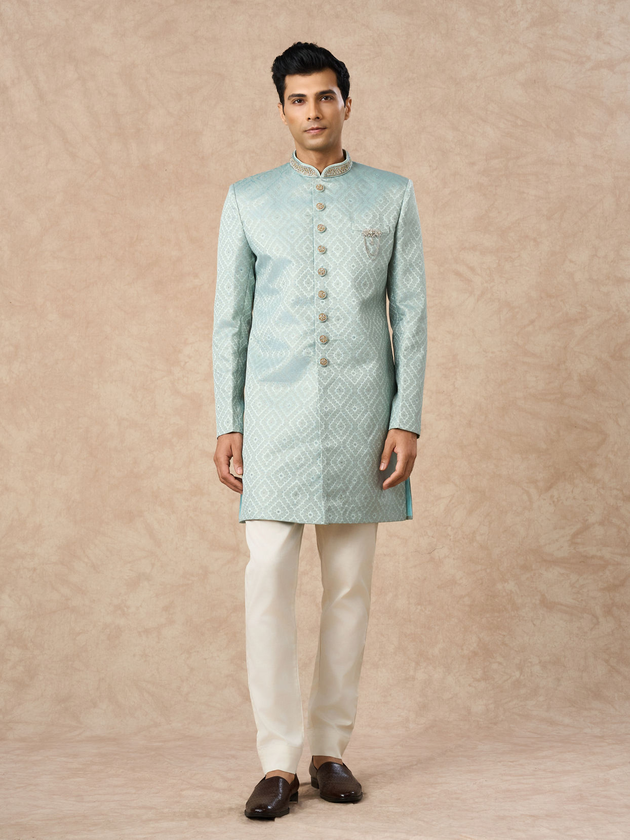 Manyavar Men Light Blue Brocade Indo Western with Pocket Pin