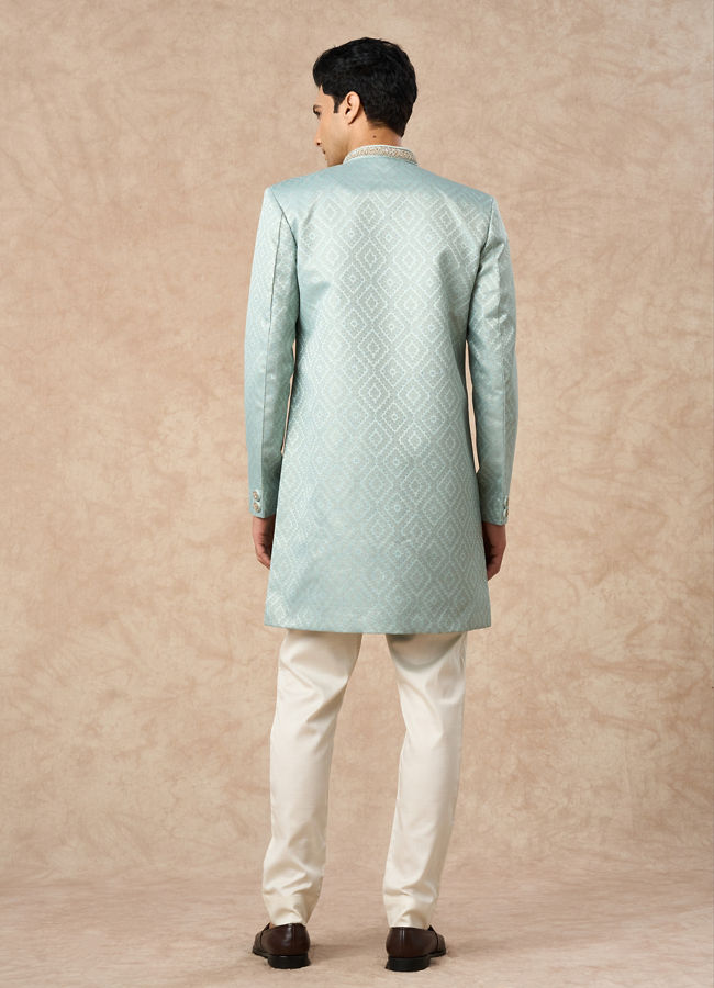 Manyavar Men Light Blue Brocade Indo Western with Pocket Pin