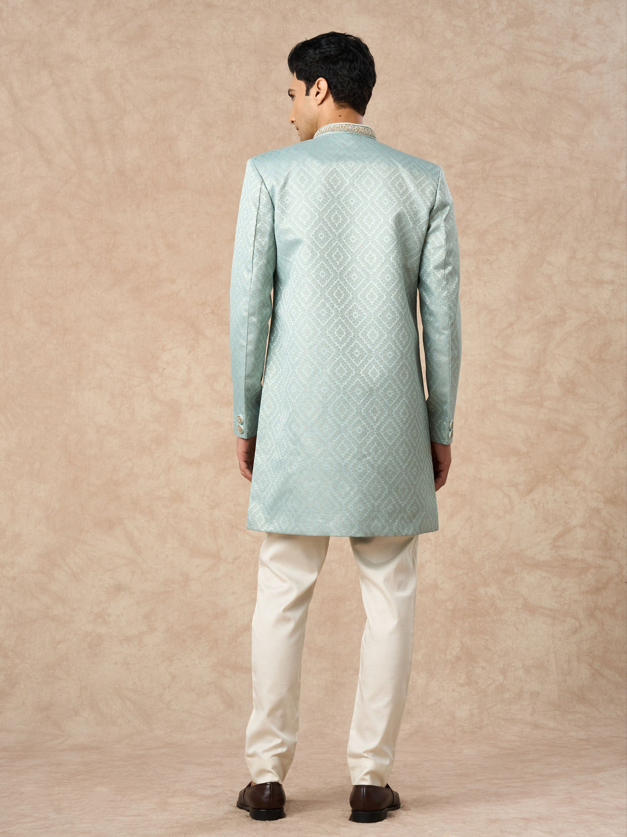 Manyavar Men Light Blue Brocade Indo Western with Pocket Pin