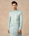 Manyavar Men Light Blue Brocade Indo Western with Pocket Pin