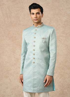 Manyavar Men Light Blue Brocade Indo Western with Pocket Pin