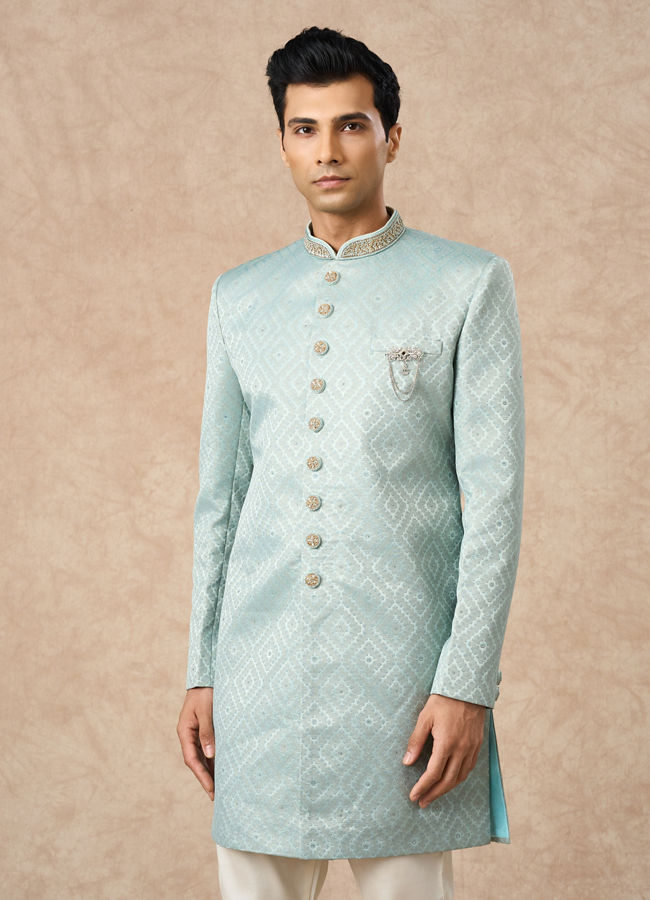 Manyavar Men Light Blue Brocade Indo Western with Pocket Pin