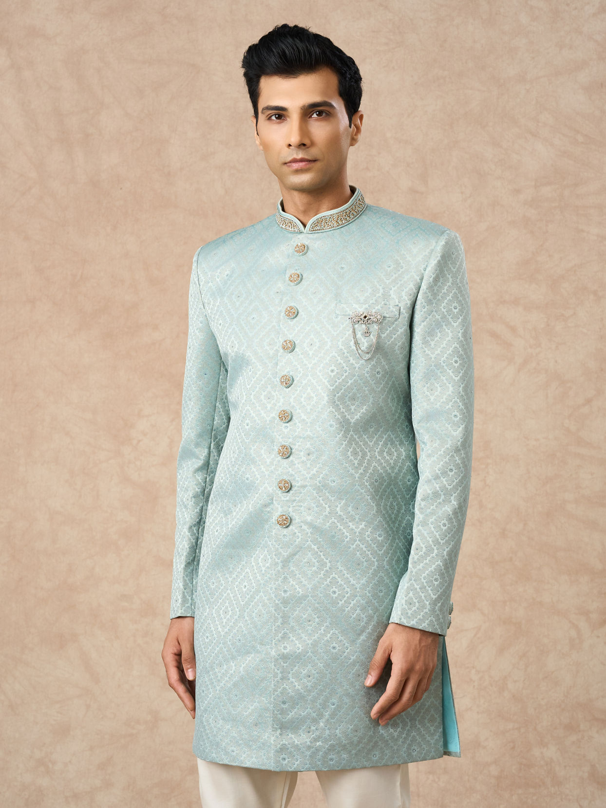 Manyavar Men Light Blue Brocade Indo Western with Pocket Pin