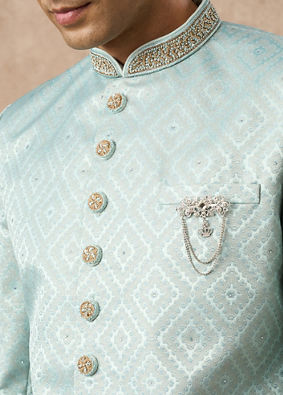 Manyavar Men Light Blue Brocade Indo Western with Pocket Pin