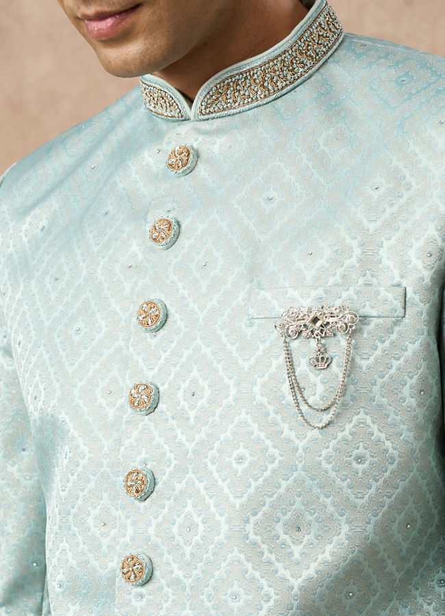 Manyavar Men Light Blue Brocade Indo Western with Pocket Pin