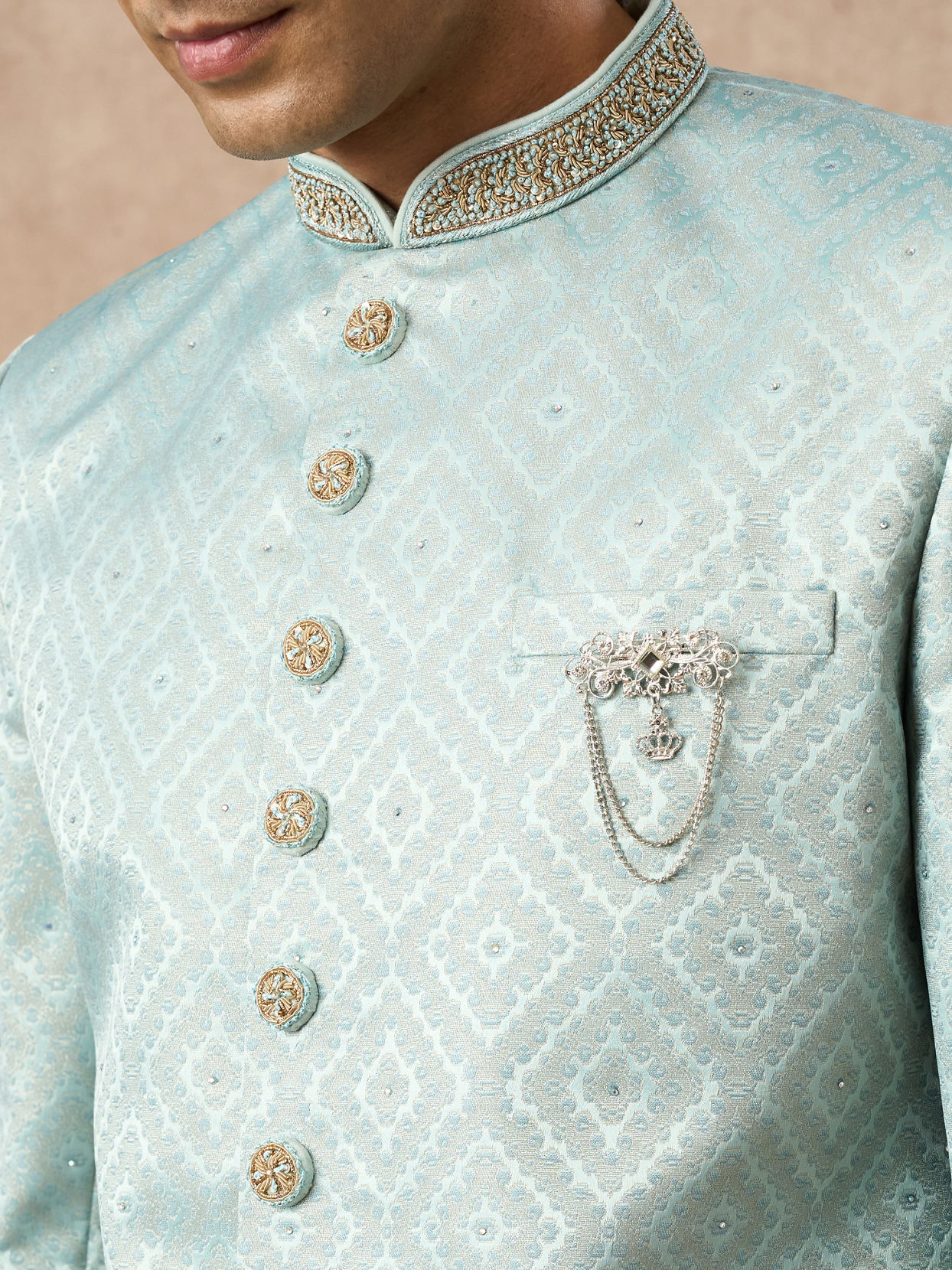Manyavar Men Light Blue Brocade Indo Western with Pocket Pin