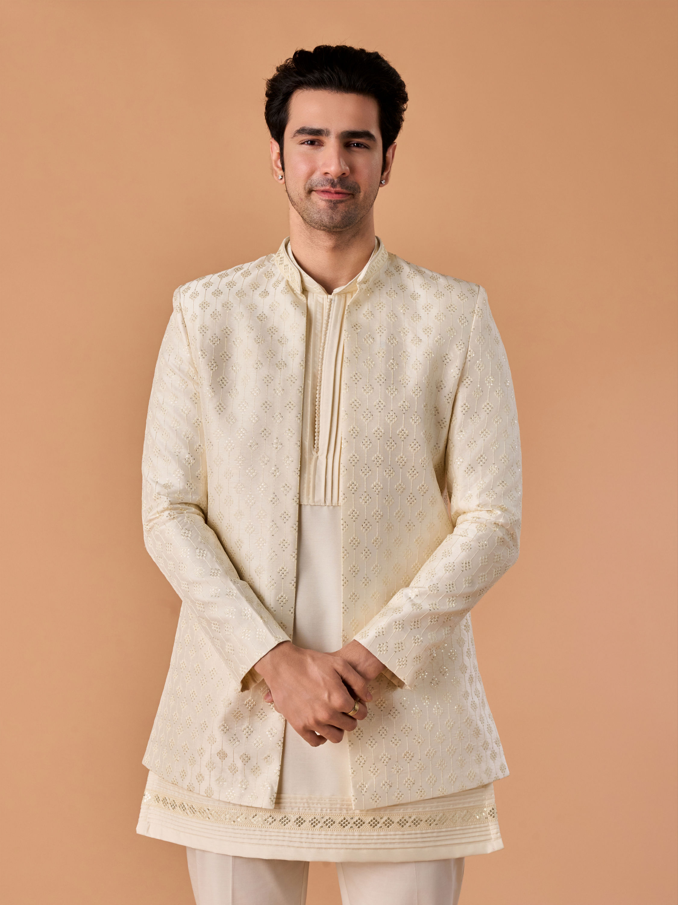 Manyavar Men Elegant Cream Radiance Indo Western