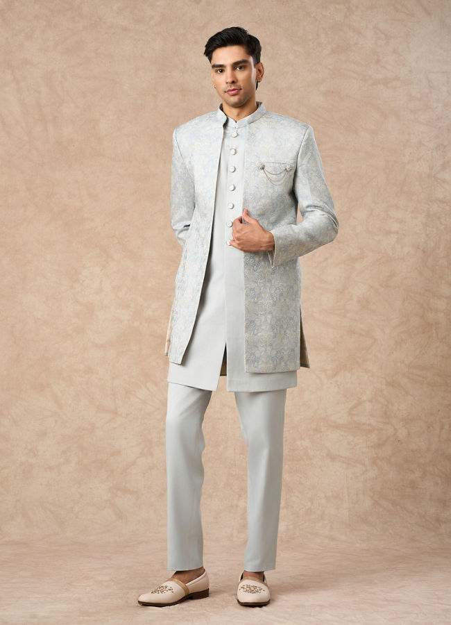 Manyavar Men Light Blue Brocade Indo Western with Embellishment
