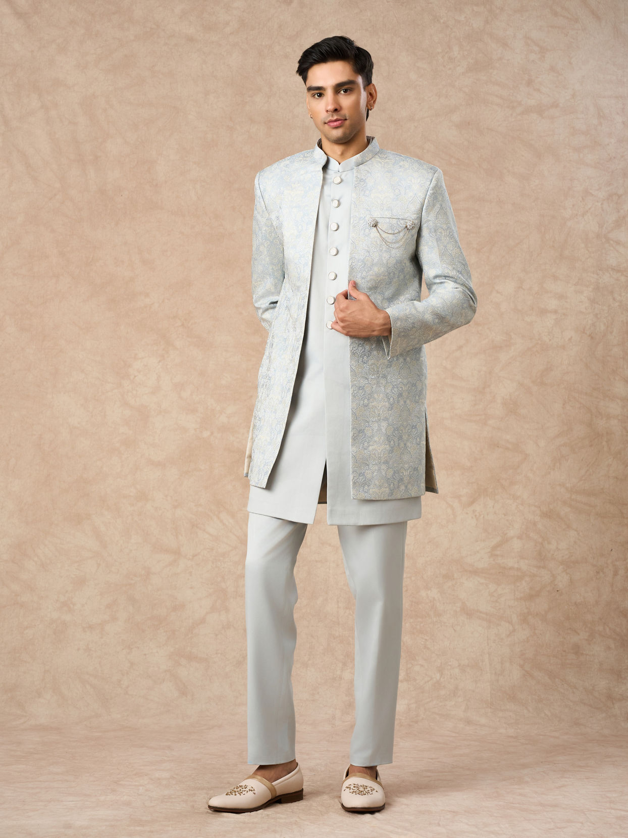 Manyavar Men Light Blue Brocade Indo Western with Embellishment