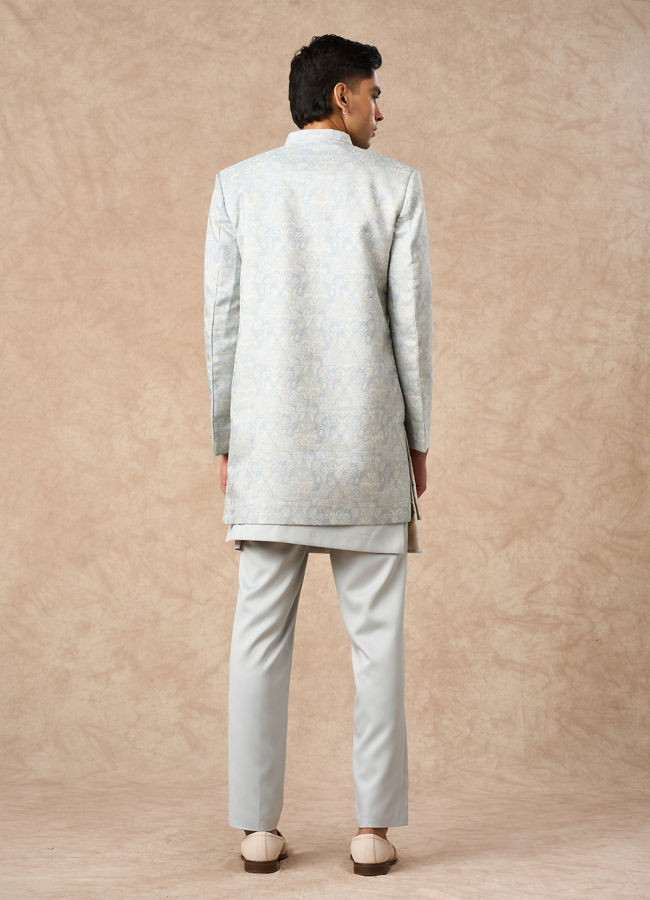 Manyavar Men Light Blue Brocade Indo Western with Embellishment