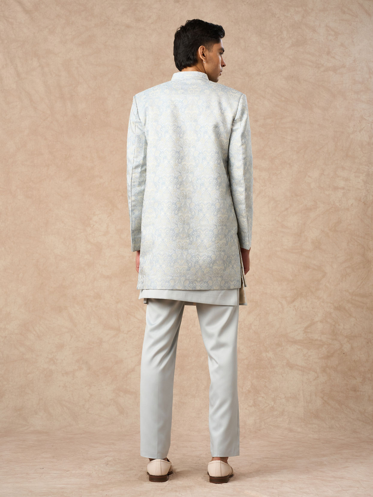 Manyavar Men Light Blue Brocade Indo Western with Embellishment