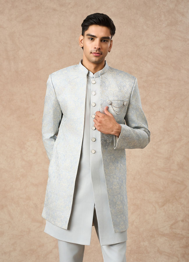 Manyavar Men Light Blue Brocade Indo Western with Embellishment
