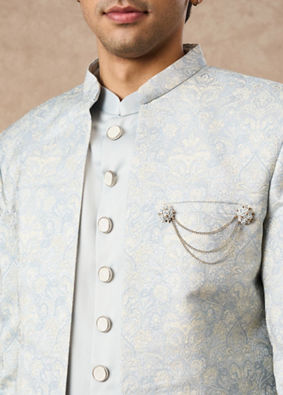 Manyavar Men Light Blue Brocade Indo Western with Embellishment