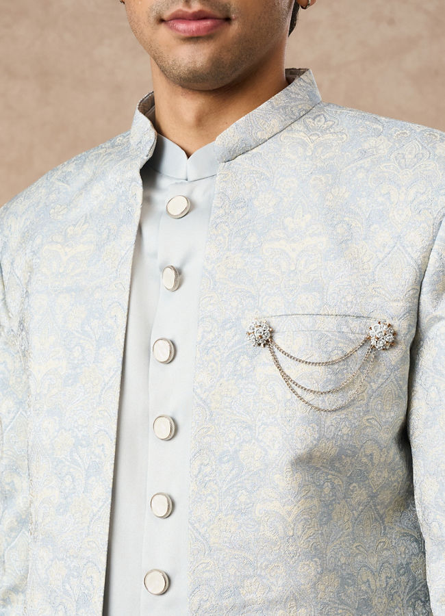 Manyavar Men Light Blue Brocade Indo Western with Embellishment