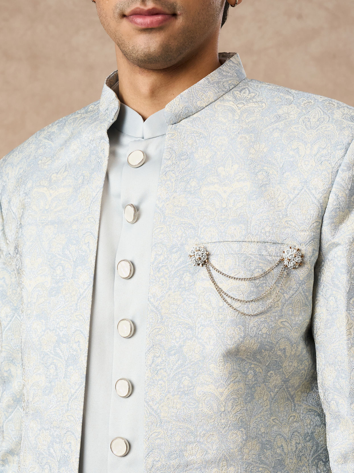 Manyavar Men Light Blue Brocade Indo Western with Embellishment