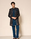 Manyavar Men Green Velvet Embroidered Indo-Western Set