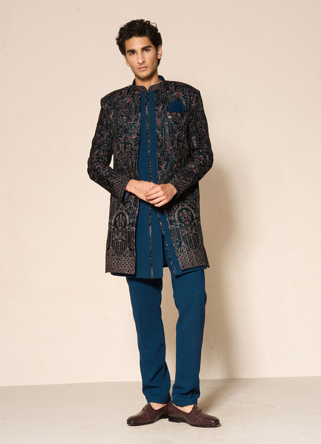 Manyavar Men Green Velvet Embroidered Indo-Western Set