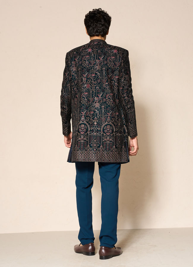 Manyavar Men Green Velvet Embroidered Indo-Western Set
