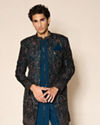 Manyavar Men Green Velvet Embroidered Indo-Western Set