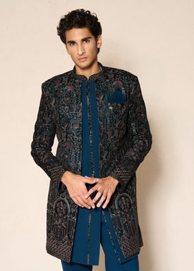 Manyavar Men Green Velvet Embroidered Indo-Western Set