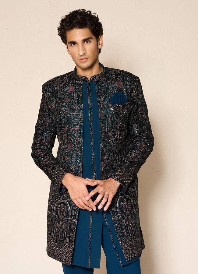 Manyavar Men Green Velvet Embroidered Indo-Western Set