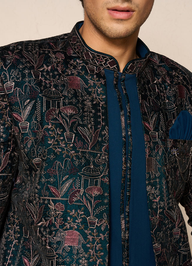 Manyavar Men Green Velvet Embroidered Indo-Western Set
