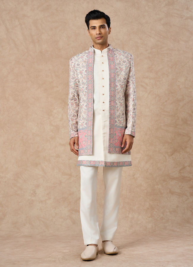 Manyavar Men Cream Brocade Indo Western with Floral Design