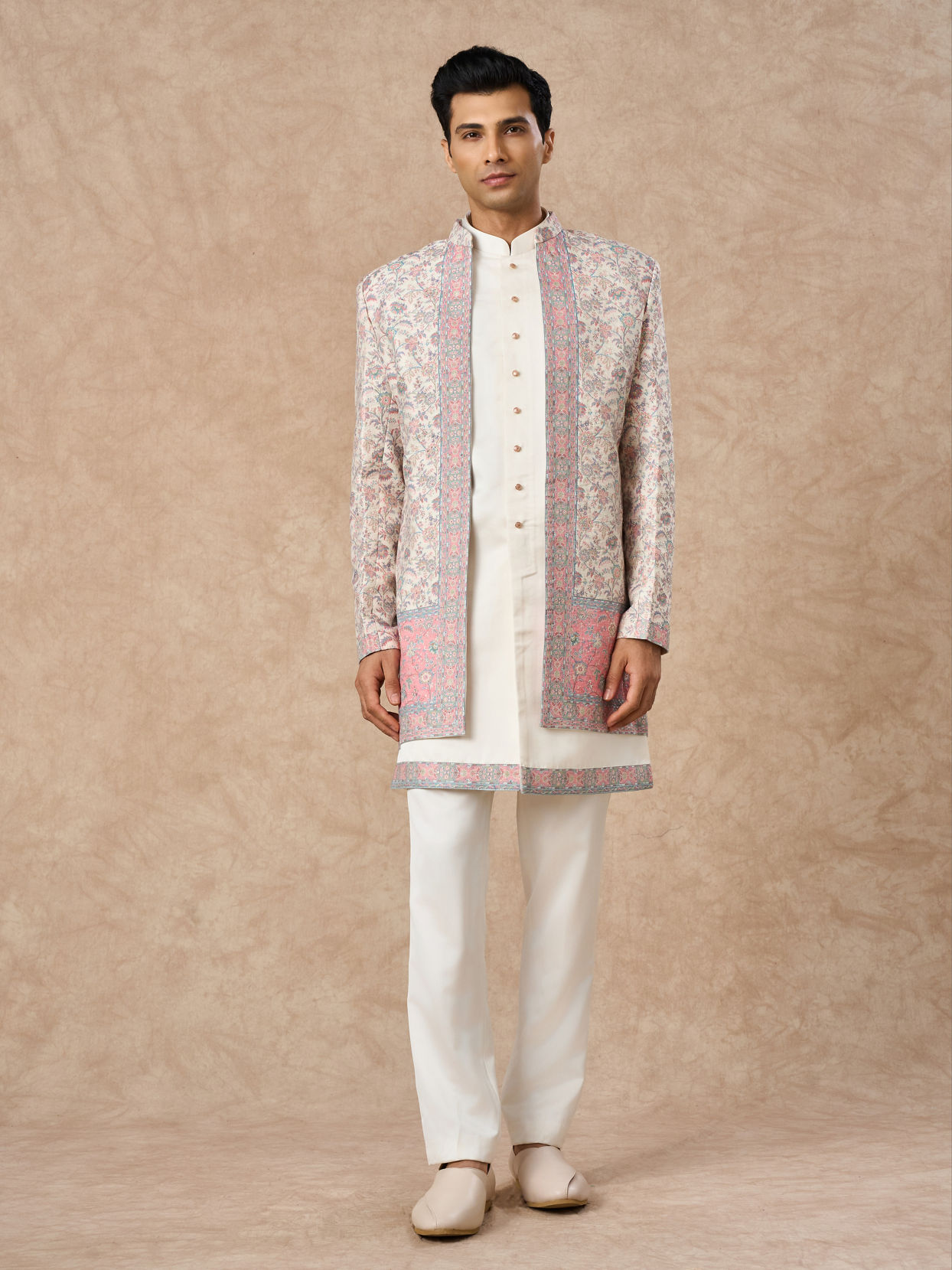 Manyavar Men Cream Brocade Indo Western with Floral Design
