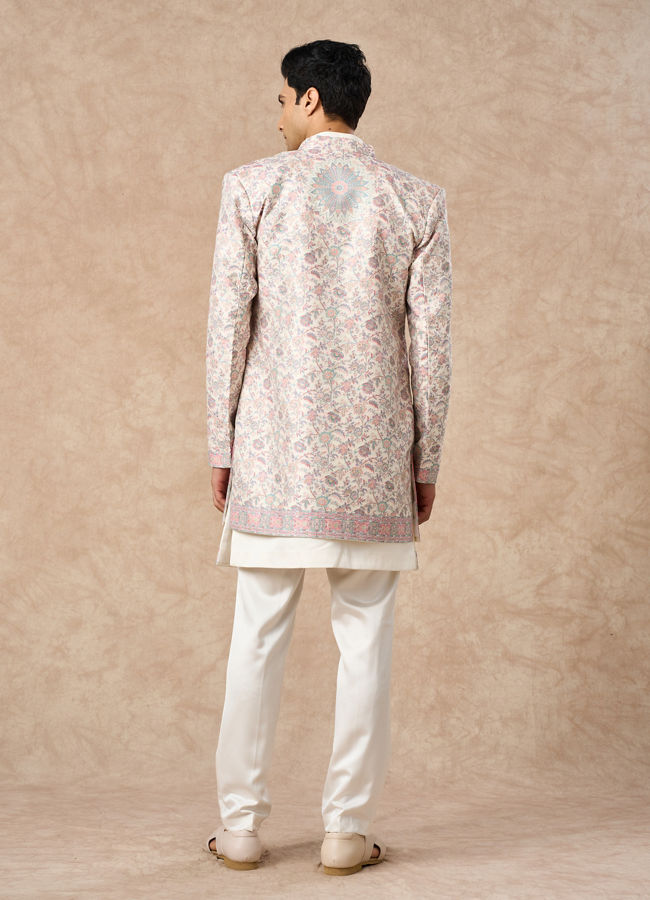 Manyavar Men Cream Brocade Indo Western with Floral Design