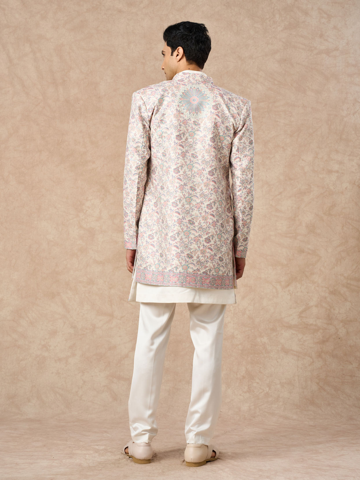 Manyavar Men Cream Brocade Indo Western with Floral Design