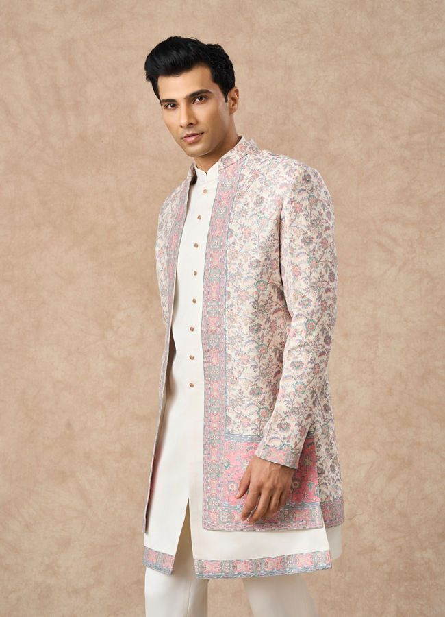 Manyavar Men Cream Brocade Indo Western with Floral Design