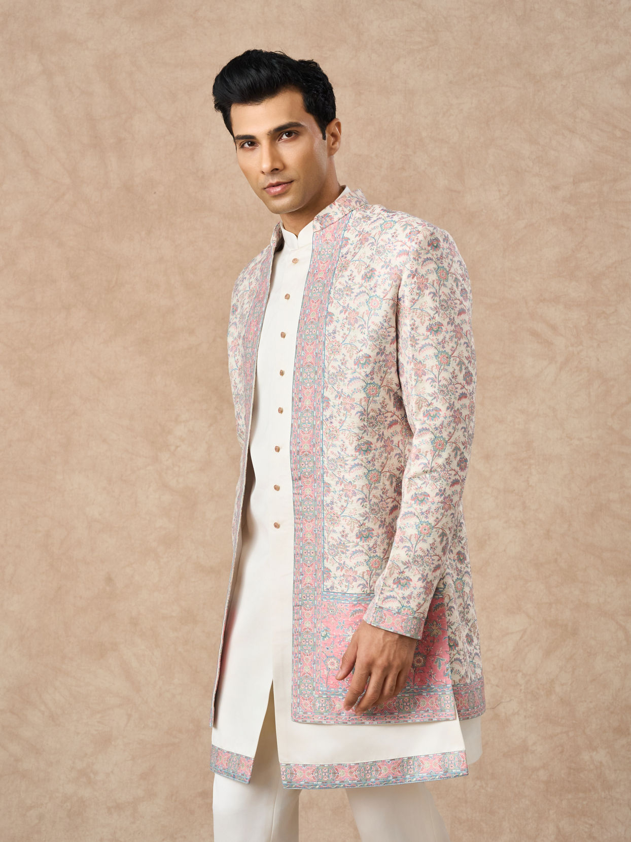 Manyavar Men Cream Brocade Indo Western with Floral Design