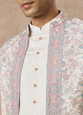 Manyavar Men Cream Brocade Indo Western with Floral Design