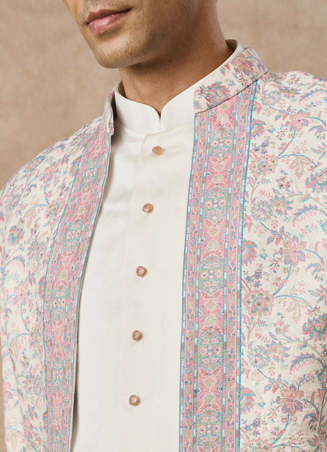 Manyavar Men Cream Brocade Indo Western with Floral Design