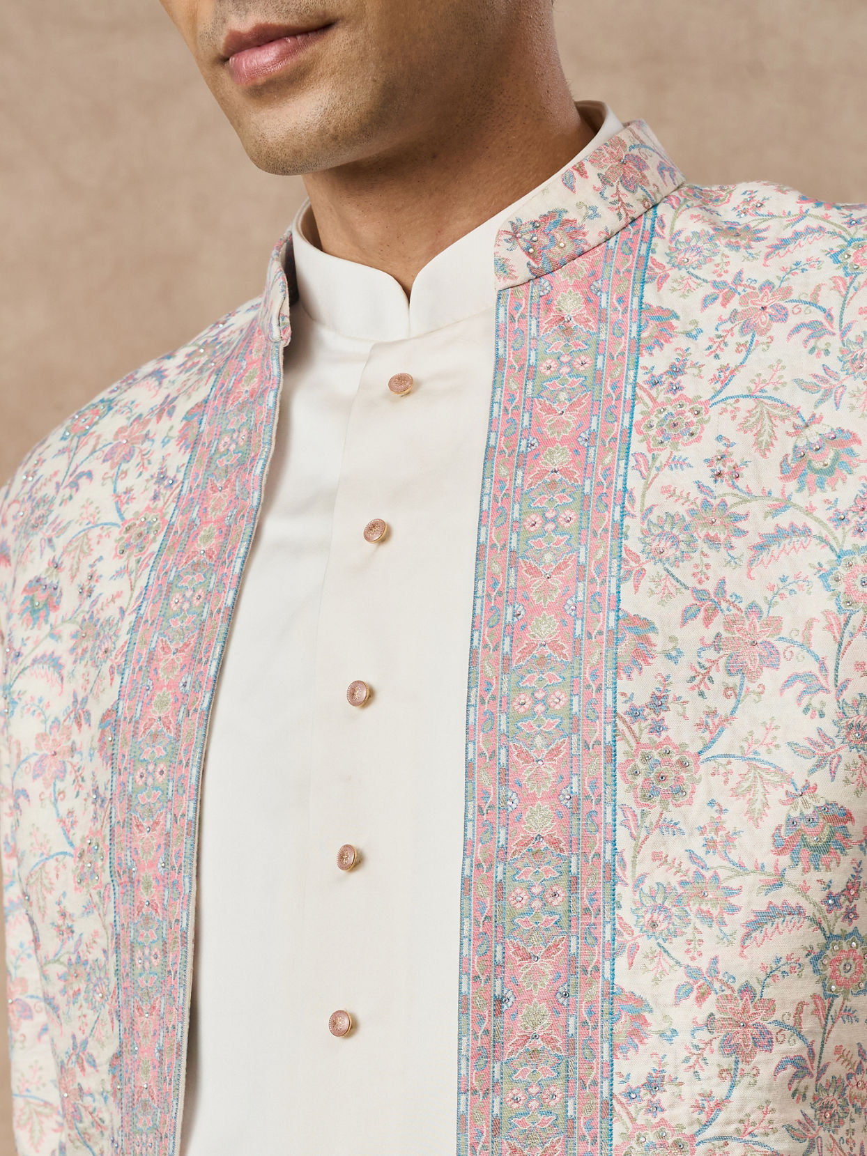 Manyavar Men Cream Brocade Indo Western with Floral Design