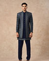 Manyavar Men Dark Blue Brocade Indo Western with Embroidery